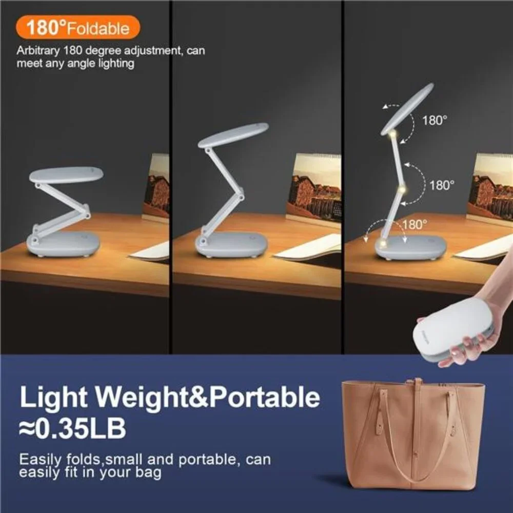 Portable LED Desk Lamp Rechargeable Battery Operated Foldable Dimmable White